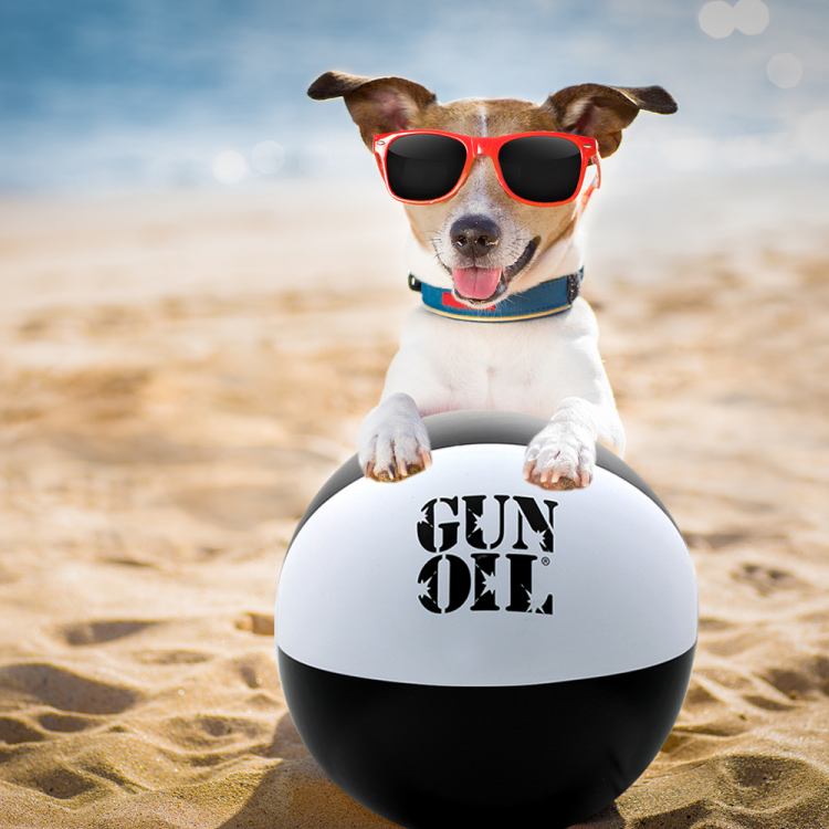 gun oil beach ball black white